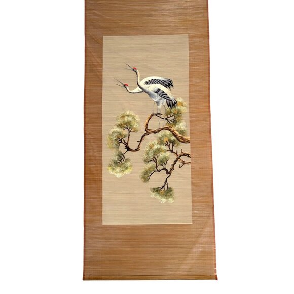 Japan Hanging Scroll Kakejiku VTG Silk Hand Embroidery Tosa Mitsusada Two Cranes - Picture 1 of 7